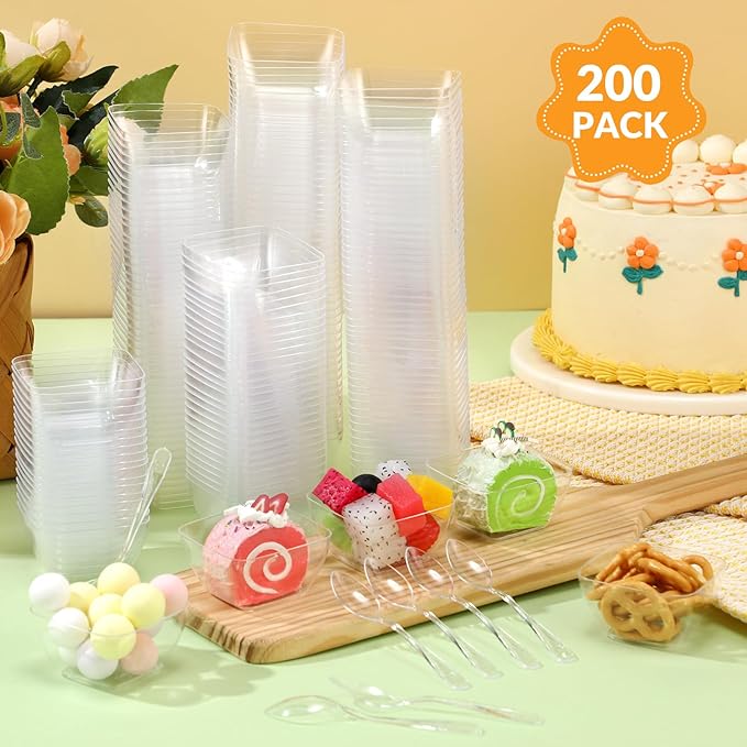 Suclain 200 Pack Dessert Cups with Spoons, 2 Oz Square Clear Plastic Disposable Appetizer Parfait Cups for Tasting Party Appetizers Fruit Parfait Trifle Mousse Pudding(Square Dish)
