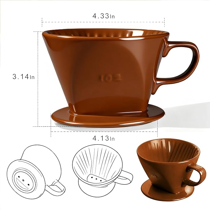 Handmade Pour Over Ceramic Coffee Dripper - Authentic Brewing Experience for Camping, Office, and Home (Coffee Brown)