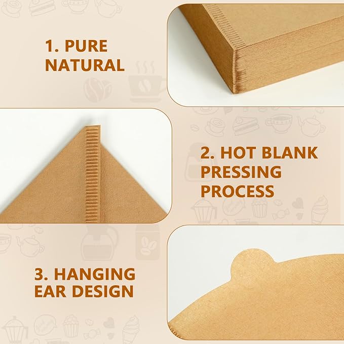 Disposable Cone Coffee Filters V02-200 Count Unbleached Natural Brown Paper Filters, 2-4 Cup Pour Over & Drip Coffee Makers, Compatible with Conical/V-Shaped Drippers