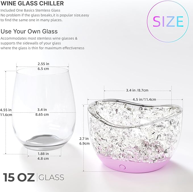Wine Chiller for Glass Stemless Wine Glass Chiller Keeps Your Glasses of Vino Cold 10 Color Light Modes Separable Wine Essentials Accessories (Rose Pink)
