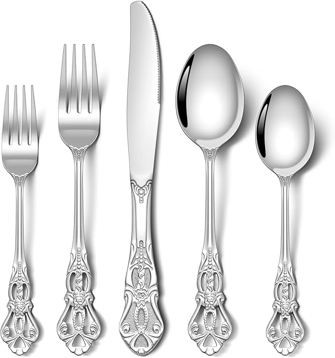 Stapava 20 Pcs Gorgeous Retro Royal Silverware Set, Stainless Steel Cutlery Flatware Set for 4, Include Forks Spoons and Knives Set, Dishwasher Safe Utensils Set, Mirror Polished