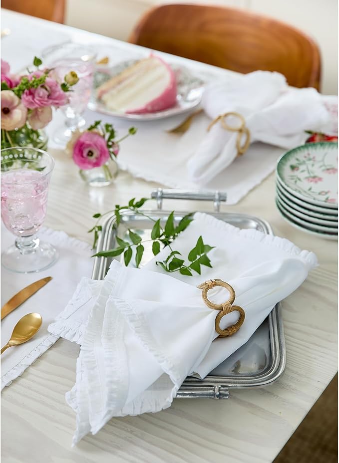 Solino Home White Linen Dinner Napkins 20 x 20 Inch - 100% Pure Linen Juliette Ruffle Cloth Napkins Set of 4 for Christmas, New Year - Handcrafted and Machine Washable