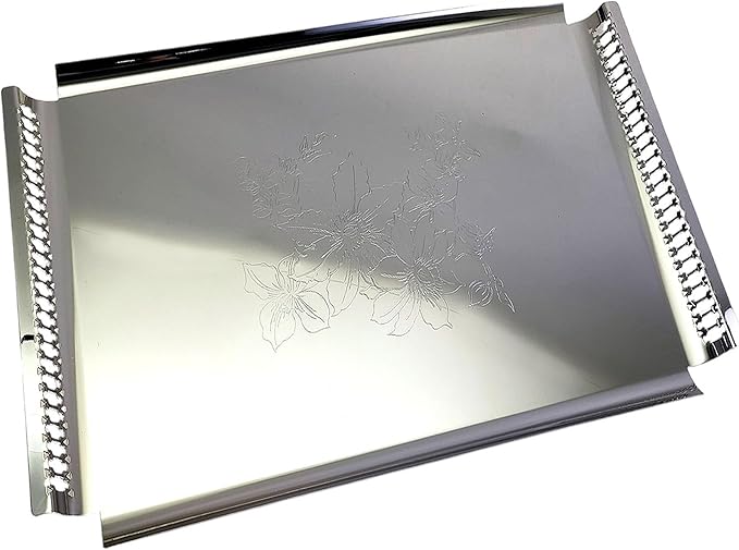 (Pack of 2 18.9 inch x 11.9 inch Rectangular Chrome Plated Silver Serving Tray with Handles Stylish Floral Engraved Party Wedding Dessert Buffet Decor Platter Plate NC-113