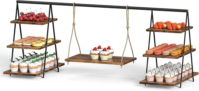 LIANTRAL Wooden 3 Tier Cupcake Stand, Wood Cupcake Display Stand with Swing, Dessert Table Display Set with Serving Tray for Birthday, Party, Wedding, Farmhouse Decor, Brown
