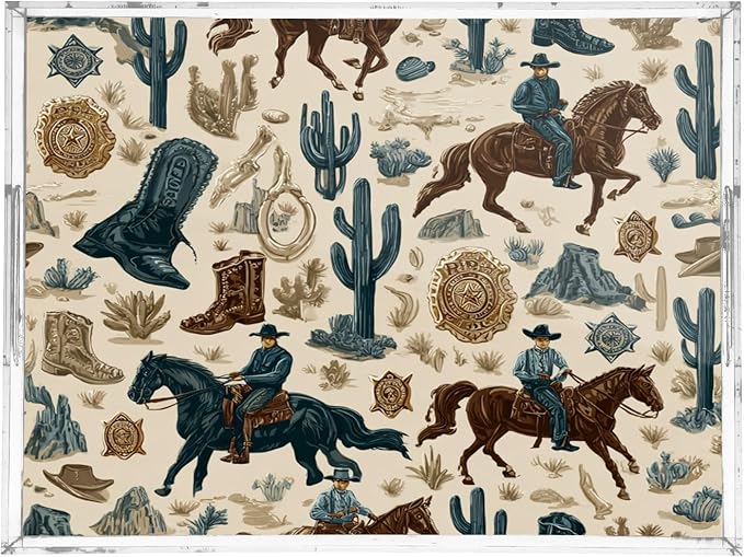 Serving Tray with Handles Clear Acrylic Tray 12x16 Inch Decorative Rectangular Tray Organizer for Ottoman Coffee Table Bathroom Light Brown Horse and Badge Cowboy Boots Desert Cactus