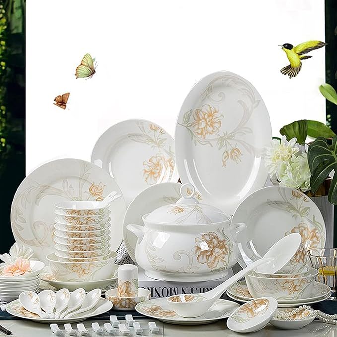 Gold Rim Ceramic Tableware Set Handmade Modern White China Ceramic Floral Tableware Set Suitable for Family Hotel Restaurant 58 Piece