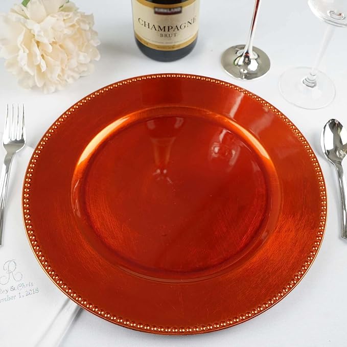 13" Charger Plates -Set of 12 - Acrylic Orange Round Beaded Disposable Chargers, Ideal for Dinner Party Wedding Bulk Events Tabletop Decoration