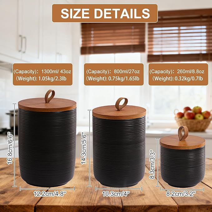 Simcat Ceramic Canister Set Kitchen Airtight Food Storage Jar with Bamboo Lids Coffee Sugar Tea Storage Containers (Little black with belt-8.8oz)
