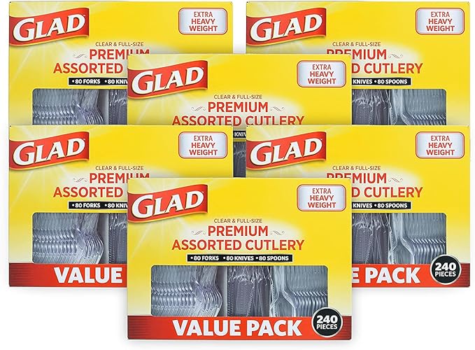 Glad Disposable Plastic Cutlery, Assorted Set | Clear Extra Heavy Duty forks, Knives, And Spoons | Disposable Party Utensils | 240 Piece Set of Durable and Sturdy Cutlery (6 Pack, 1,440 Pieces Total)