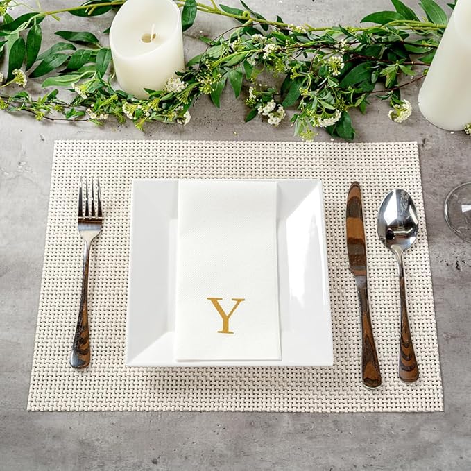 Luxenap 15.8 X 7.9 Inch Linen-Feel Guest Towels, 50 Lettered Hand Towels - Gold Letter 'Y', Sans Serif Font, White Paper Dinner Napkins, airlaid, For Restrooms And Tables - Restaurantware