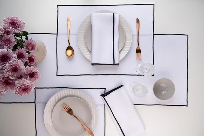 D'Moksha Homes White Linen Placemats with Black Embroidered Trim, Set of 4-14 x 19 Inch, 100% Pure Linen Cloth Placemats White & Black for Dining, Christmas, Holiday, New Year - Machine Washable