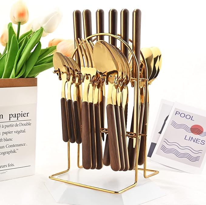 24 Pieces Mirror Gold Flatware Set With A Cutlery Stand, Hanging Silverware With Round Wooden Handle Include Knife/Fork/Spoon/Teaspoon, Service For 6