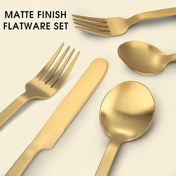Gold Silverware Set, LAZAHOME 20-Piece Flatware Cutlery Set Service for 4, Stainless Steel Kitchen Utensil Set, Spoons And Forks Set, Matte Finished, Dishwasher Safe