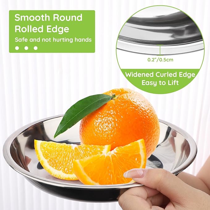 Patterned Deep Stainless Steel Plates, 4 Set 7 inch 201 Metal Food Serving Plate, Reusable Snack Eating Dishes Round Shatterproof Silver Dinnerware for BBQ Dinner Oven Dishwasher Safe