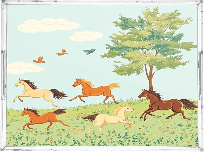 Serving Tray with Handles Clear Acrylic Tray 12x16 Inch Decorative Rectangular Tray Organizer for Ottoman Coffee Table Bathroom Horses Bird and Grassland Tree