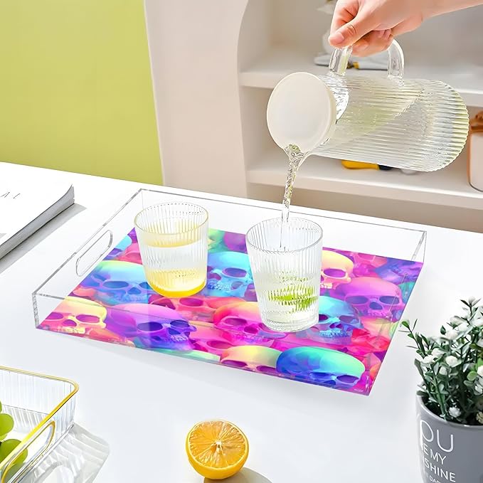 Serving Tray with Handles Clear Acrylic Tray 12x16 Inch Decorative Rectangular Tray Organizer for Ottoman Coffee Table Bathroom Gradient Multicolored Skulls