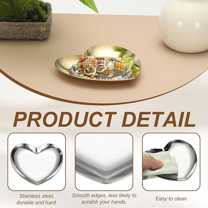 uxcell Heart Shape Serving Trays, 3.54" Stainless Steel Decorative Jewelry Dish, Small Vanity Tray for Bathroom Aromatherapy Candle Drink Plate,Silver