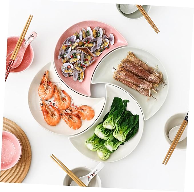 2pcs Moon Disk Food Storage Dipping Sauce Dishes Salad Plate Moon Tray Ring Dish Holder Appetizer Plates Tableware Organizer Cosmetic Tray Sushi Ceramics Seafood Pink