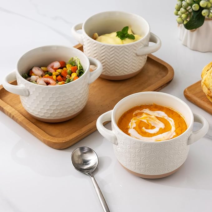 AmorArc 24 Ounces Soup Bowls with Large Handles and Lids, Stoneware Bowls Set of 2 for Soup,Stew, Noodle, Ceramic Kitchen Bowls With Embossed Patterns, Microwave&Dishwasher Safe, Light Beige