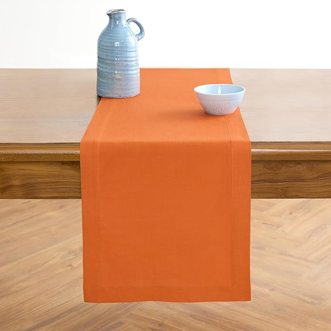 Solino Home Linen Table Runner 48 Inches - 100% Pure Linen Persimmon Orange Table Runner 14 x 48 Inch Ideal for Dresser and Coffee Tables - Christmas, New Year - Fete