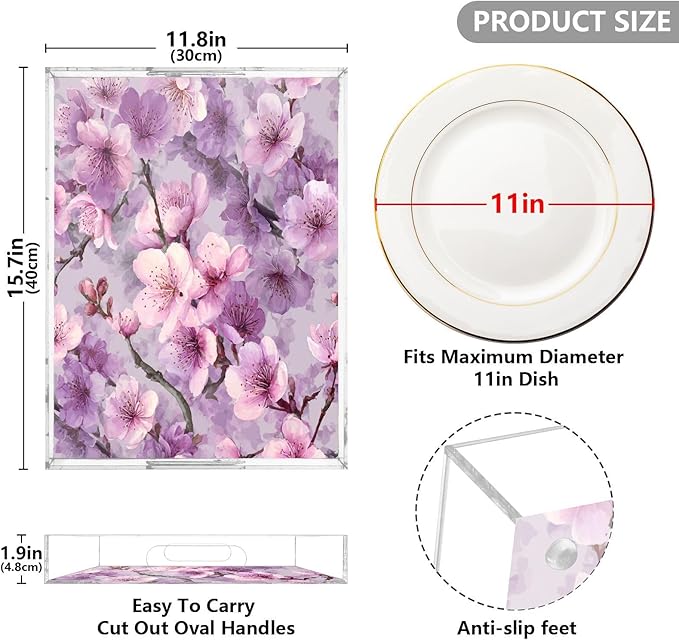 Serving Tray with Handles Clear Acrylic Tray 12x16 Inch Decorative Rectangular Tray Organizer for Ottoman Coffee Table Bathroom Pink and Purple Cherry Blossom