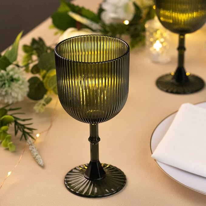 TCF Linen 12 Pack Hunter Green Plastic Wine Goblets, 9oz Ribbed Reusable Shatterproof Drinkware for Weddings Parties Catering Cocktails and Desserts Cups