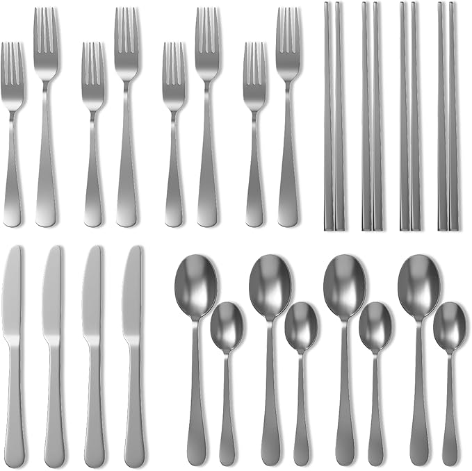Upgraded 18/8 Stainless Steel 28-Piece Flatware Cutlery Set(Silver)-Silverware set for 4-Luxurious Home Kitchen Dinnerware Sets-Great Kitchen Accessories-Perfect House Warming/Christmas Gift