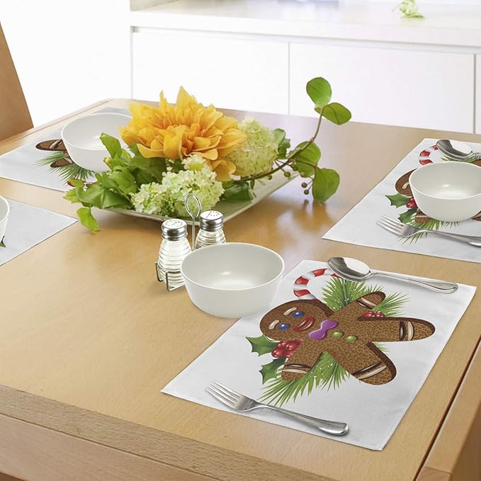 Ambesonne Gingerbread Man Place Mats Set of 4, Tasty Pastry on Coniferous Branches Candy Cane and Holly Berry, Washable Fabric Placemats for Dining Table, Standard Size, Brown and Green