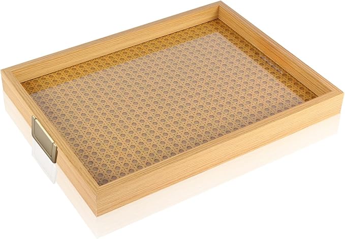 Rattan Woven mesh Surface Wood Serving Tray with Metal Handles, 16.3x13 in Food Drinks Tray for Coffee Table, Breakfast, Dinner & Bar,Kitchen,Party (Rattan Weaving/Large)