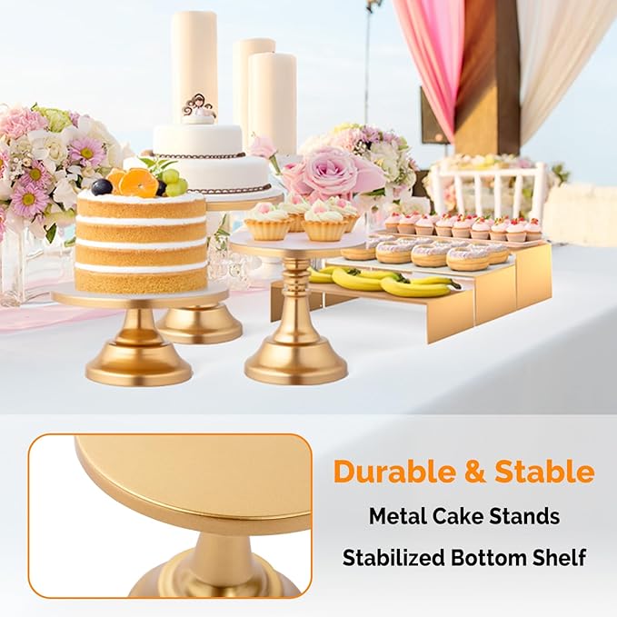 ROVSUN 8PCS Gold Cake Stand Set, Dessert Table Display Set, Metal Cupcake Tower Stand, Fruit Candy Donut Risers Stands with Serving Tongs Cutting Knife for Wedding Birthday Party Baby Shower