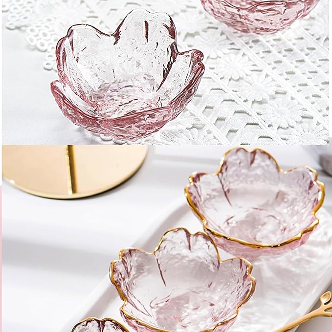 Seasoning bowls with gold rim,6 pcs Pink Cherry Flower Crystal Glass Appetizer Plates dipping bowls ice cream Sushi,pink glass plates mini for charcuterie board (Phnom Penh)