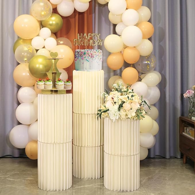 Stacking-Block Design Cake Stands for Party, Customizable Height, Sturdy Cardboard Column with Clearance Acrylic Plate, Reusable Round Cylinder Stands for Party for Birthday, Milky White