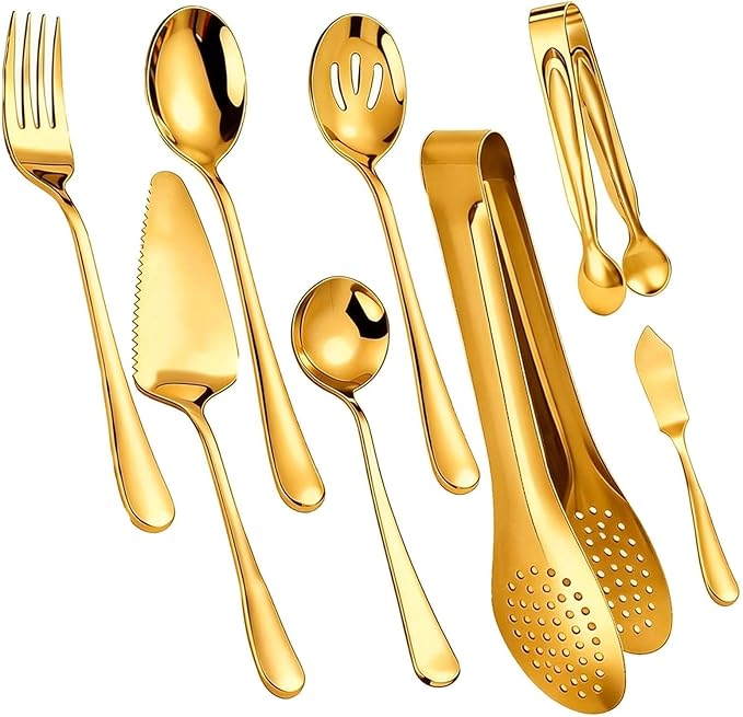 8 Pcs Stainless Steel Serving Utensil Large Spoons Forks Tongs, Ice Suger Tongs, Cake Server，Butter Knife for Hostess Buffet Catering Banquet Party，Gold
