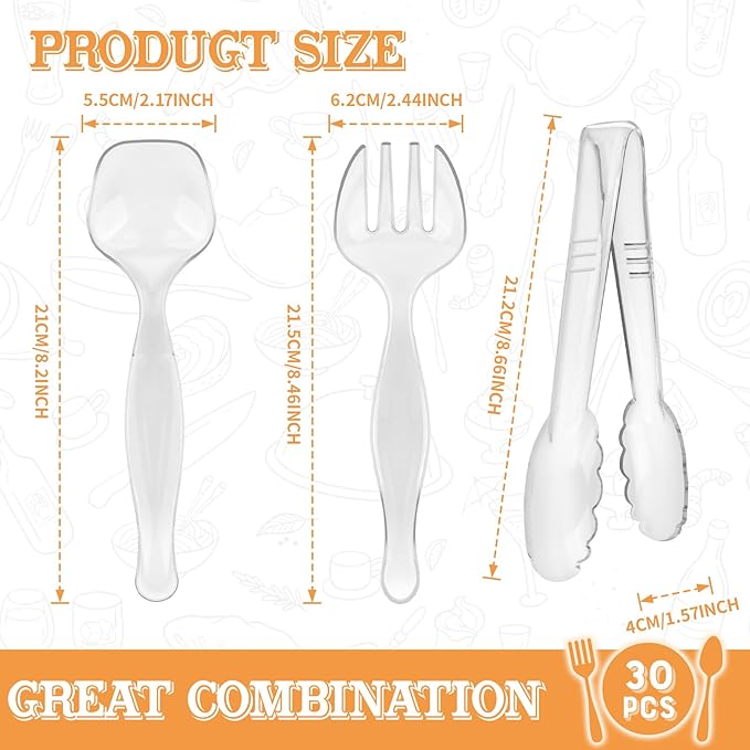 30 Pcs Clear Plastic Serving Utensils Set - Includes 10 Spoons, 10 Tongs, 10 Forks - Heavy Large Disposable Serving Utensils for Parties, Holidays & Events (Clear)