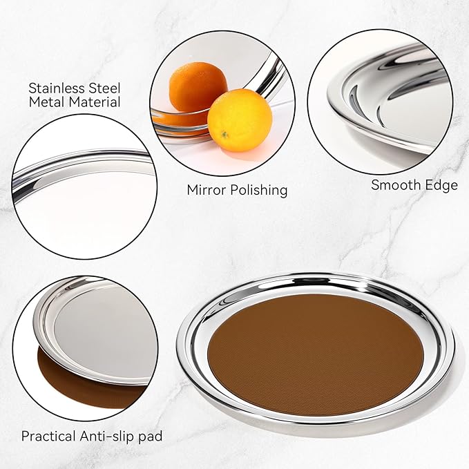 LemonRoad 2 Set Round Silver Mirror Decorative Tray 11.81 Inches Stainless Steel Metal Serving Tray Mirrored Finish Circular Bar Platter with Anti Slip Mat Vanity Kitchen Organizer for Home