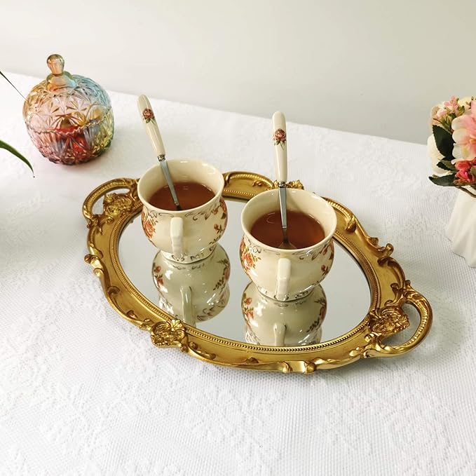 Hamphinee Oval Vintage Wall Mirror Tray, Dresser Organizer Tray, Decorative Perfume Mirror Tray, Serving Tray, 9.8"x 14.6", Gold