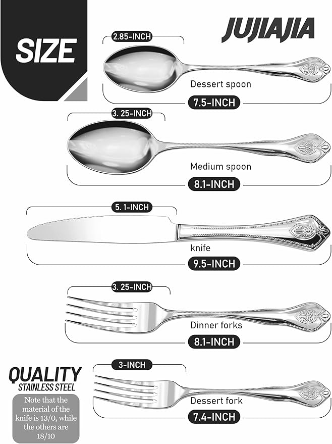 18/8 Stainless-Steel 5-Piece Silverware Set, Elegant Flatware Set Mirror Polished Beaded Edge, Cutlery Set Include Knife/Fork/Spoon, Dishwasher Safe