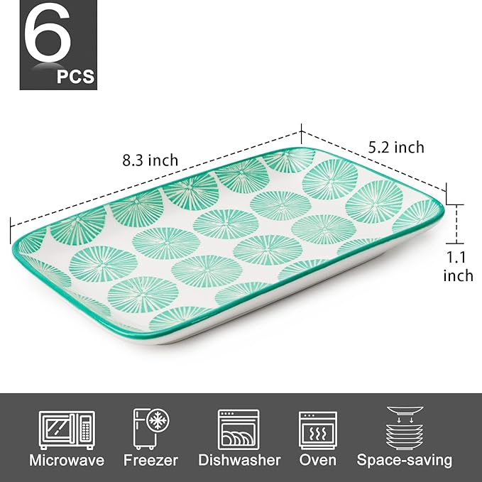 KitchenTour Rectangular Serving Platter, 8 inch Ceramic Dinner Plates Serving Trays Set of 6 for Salad, Appetizers, Sushi, Fruit, Microwave and Dishwasher Safe