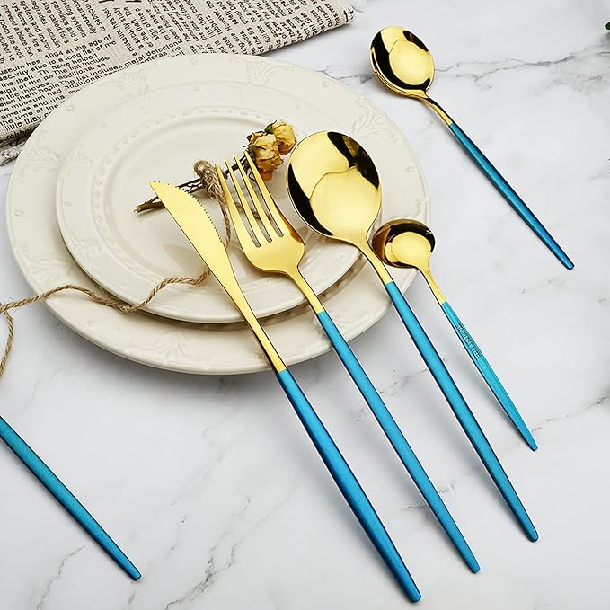 36-Pieces Silverware Mirror Polished Dinnerware Gold Flatware With Blue Handle, 18/0 Stainless Steel Cutlery Set For Home Kitchen Party Hotel Restaurant Wedding Service for 6