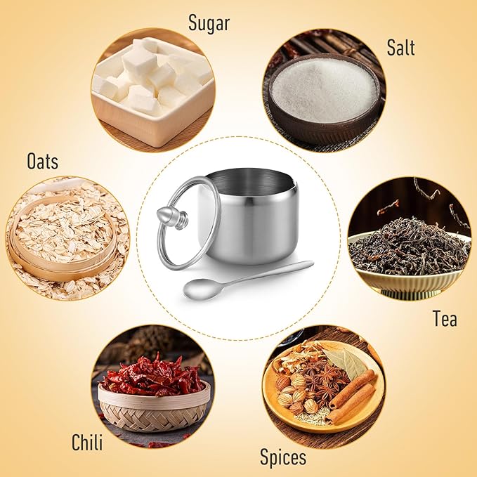 4 Pack 10oz Sugar Bowl with Lid And Spoon, Stainless Steel Sugar Creamer Container Durable Round Jar for Coffee Bar Kitchen Accessories Food Storage Containers Kitchen Decor Housewarming Gift (Silver)