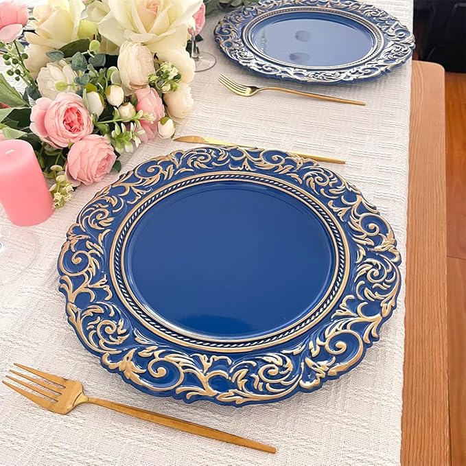 Antique Charger Plates with Gold Rim, 13 Inch Royal Blue Dinner Plate Chargers Round Server Ware, Set of 6 Plastic Embossed Charger for Dinner, Wedding, Elegant Tableware Decor