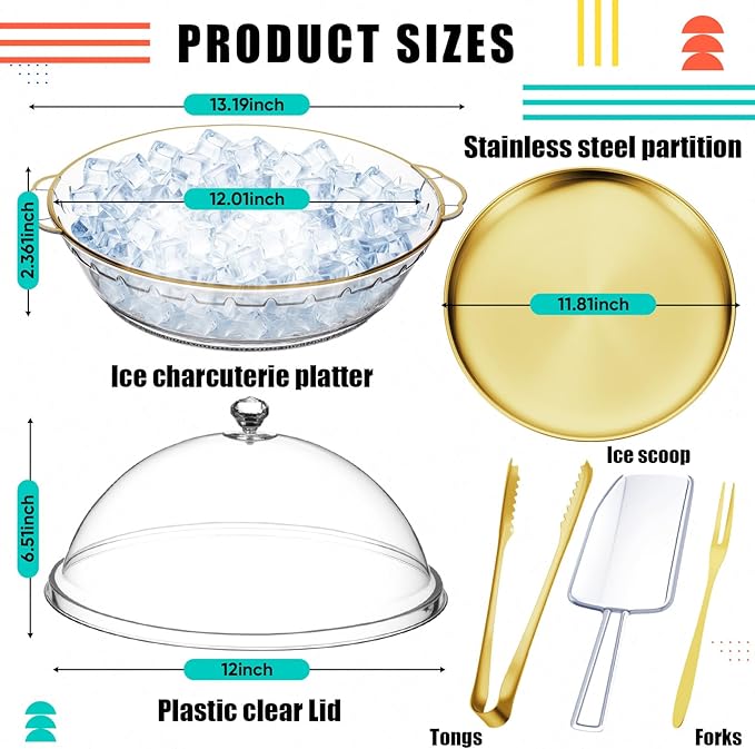 Baderke 11.8" Chilled Serving Tray for Parties with Compartments and lid Ice Chilled Party Platter Charcuterie Serving Board Cold Dish Dip for Fruit Seafood Vegetable Shrimp Cocktail(Gold,1 Pcs)