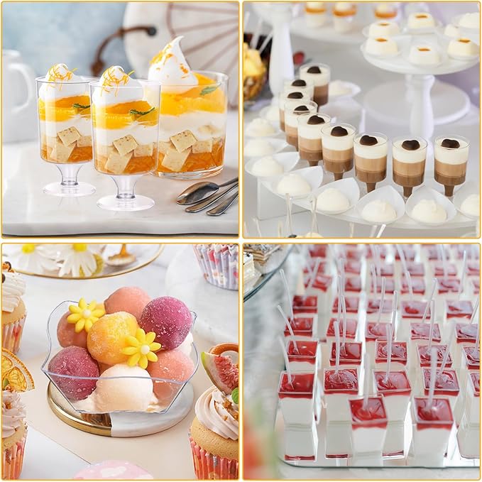 tchrules 300 Packs 5oz Dessert Cups with Spoons, 3 Styles Mini Plastic Appetizer Cups, Clear Parfait Cup for Party, Cake Cups for Tiramisu, Pudding, Snacks, Yogurt, Fruits