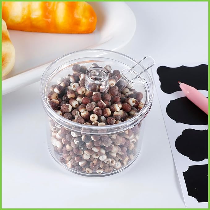 12 Pack Clear Sugar Bowls, 7.1 oz Acrylic Sugar Containers with Lids and Spoons with Tag, Dispenser Salt Bowl for Countertop, Toppings Containers for Serving Condimen Salt Tea Coffee Spices