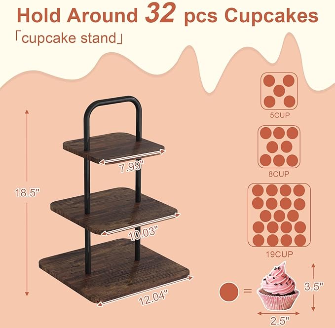 Cupcake Stand, 3-Tier Dessert Stand for 32 Cupcakes, Wood & Metal Tower Display Premium Holder Dessert Tree Tower for Christmas Birthday Weddings Party Decor, Serving Tray, Wood Brown