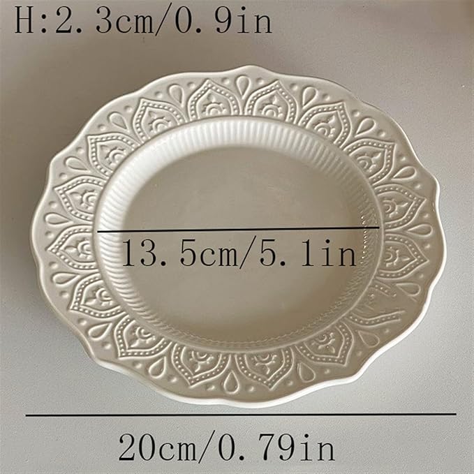 SONGCHAO Party Supplies White Embossed Lace Flat Ceramic Plate Home Restaurant Cake Dessert Plate Round Irregular Edge Breakfast Plate Party Plates