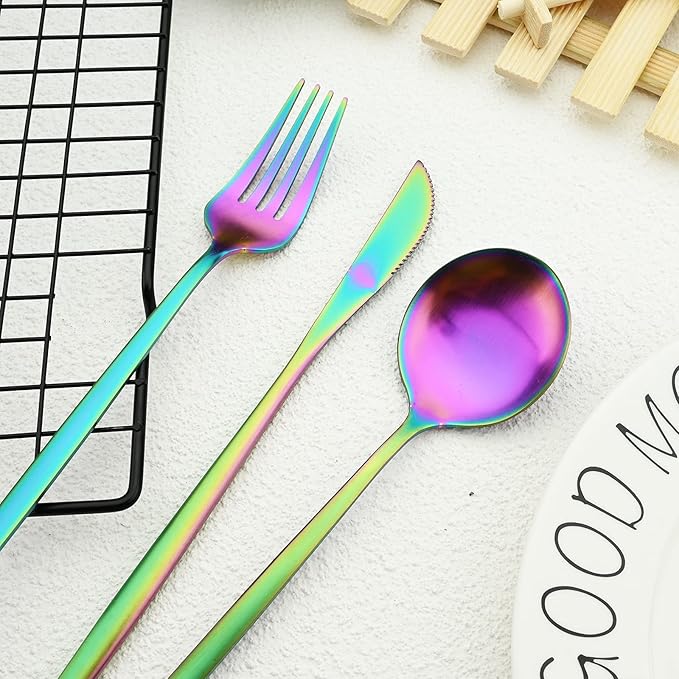 30-Piece Stainless Steel Silverware Set, Attractive Matte Finished Flatware Set, Serving for 6, Classic Cutlery set for Home/Restaurant，Includes Dessert Spoons Forks - Rainbow