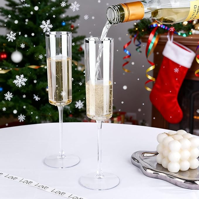 Ciaell 24 Pack Silver Plastic Champagne Flutes - 6 Oz Disposable Champagne Glasses - Square Silver Rim Plastic Toasting Glasses for Party Birthday Anniversary Wedding