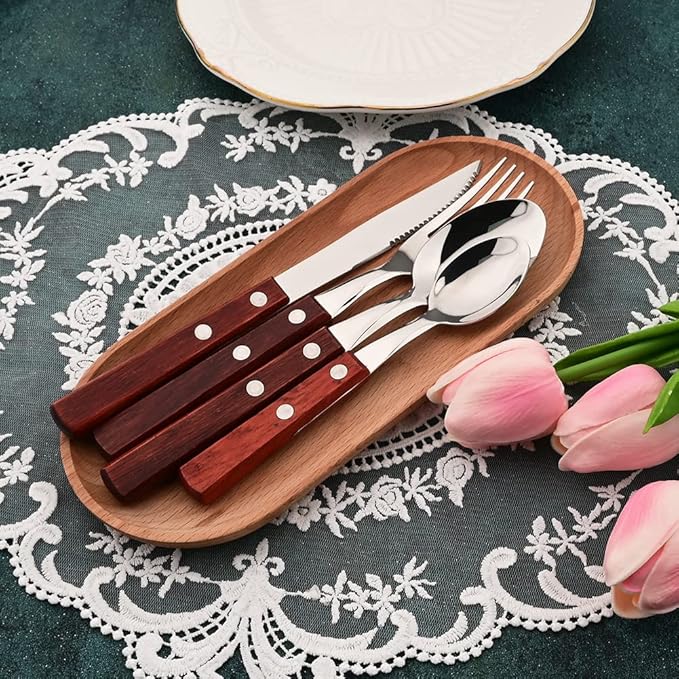 Silver Flatware Cutlery Set with Red Wood Handle, 18/8 (304) Stainless Steel Silverware Set, Include Forks Spoons and Knives, Mirror Poolished, 16-Piece (4 sets)