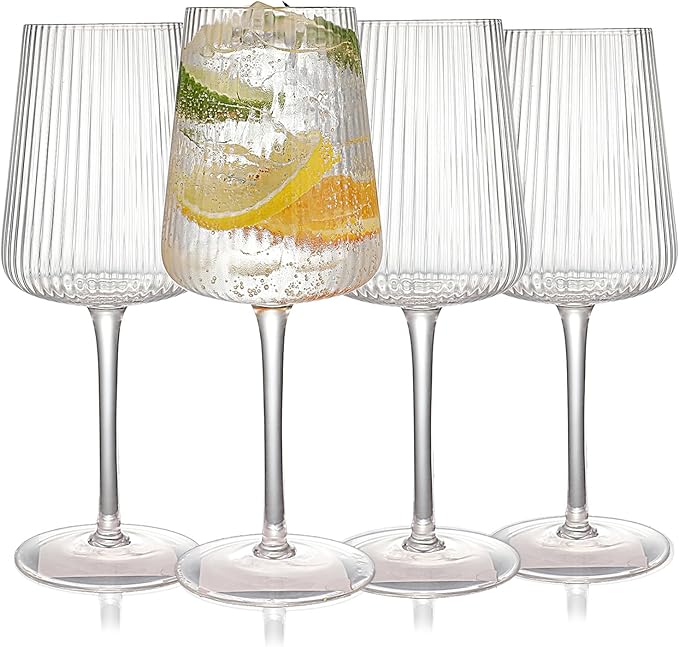 Hand Blown Ribbed Wine Glasses with stem, Clear, Lead-Free Crystal Glasses, Luxury Gift, Set of 4, Unique, 18oz Premium Wine Goblet, Large capacity, Fluted Design